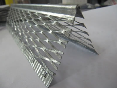 An expanded angle bead with raised expanded metal wings attached with the extra strip and a round nose.