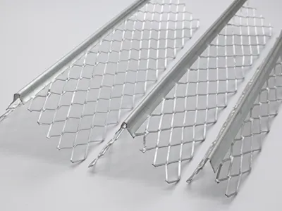 Three expanded metal corner beads with two wide flanges and a round nose displayed to us.