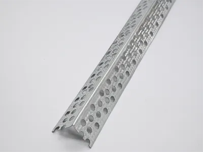 This is a metal angle bead of galvanized surface treatment which has two metal flanges and a small nose.
