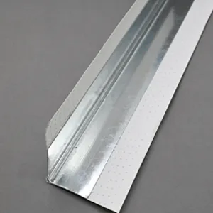 One paper-faced metal corner bead with sturdy metal and two wide paper flanges for corner shaping and reinforcement.