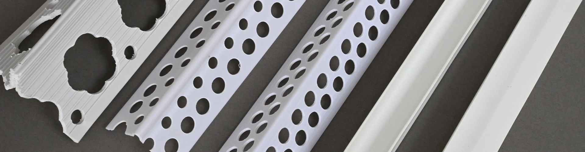 PVC corner bead, various perforated plastic drywall corner trims in white.