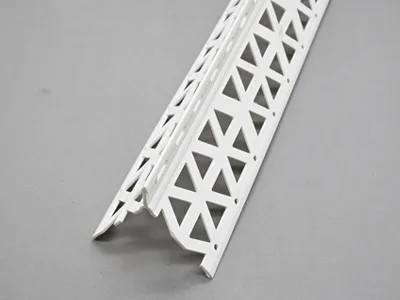 PVC triangular drip edge corner bead for exterior wall plaster, with perforated wings for strong adhesion.