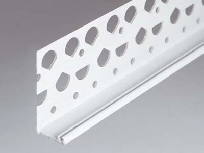 It is an UPVC render stop bead consists of a wide flange with irregular holes and a small return.