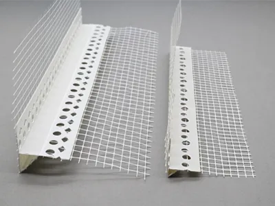 Water drip corner bead designed for external insulation and wall reinforcement, with chamfered edge to prevent water penetration.